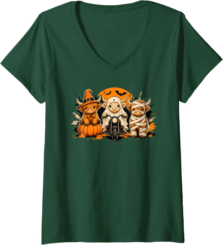 Women's Halloween Highland Cow Spooky Ghost Witch Mummy Cow Cute V-Neck T-Shirt - Dark Green