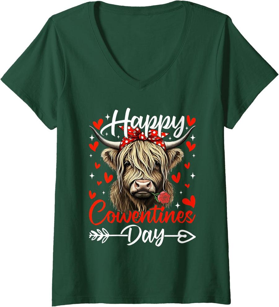 Women's Happy Cowntines Day Highland Cow Valentine’s Day Cow Lovers V-Neck T-Shirt - Dark Green