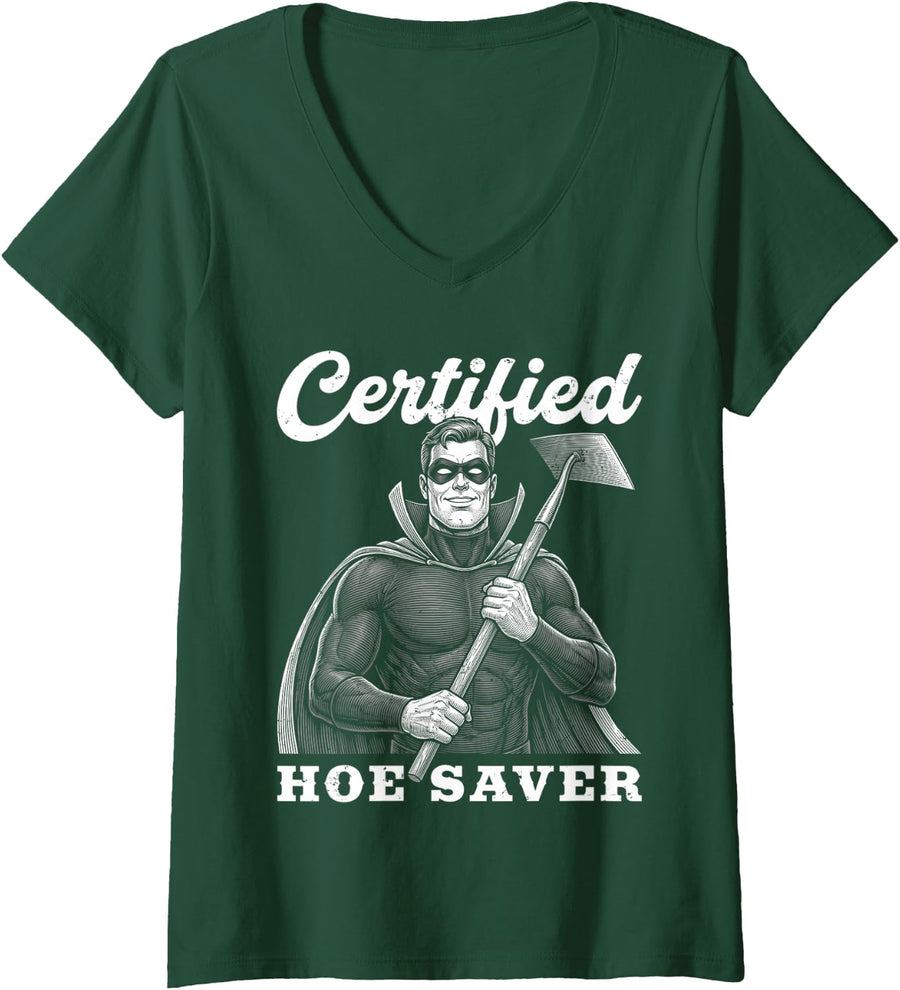 Women's Hoe Saver Funny Superhero Gardener Pun Gardening Mom Or Dad V-Neck T-Shirt - Dark Green