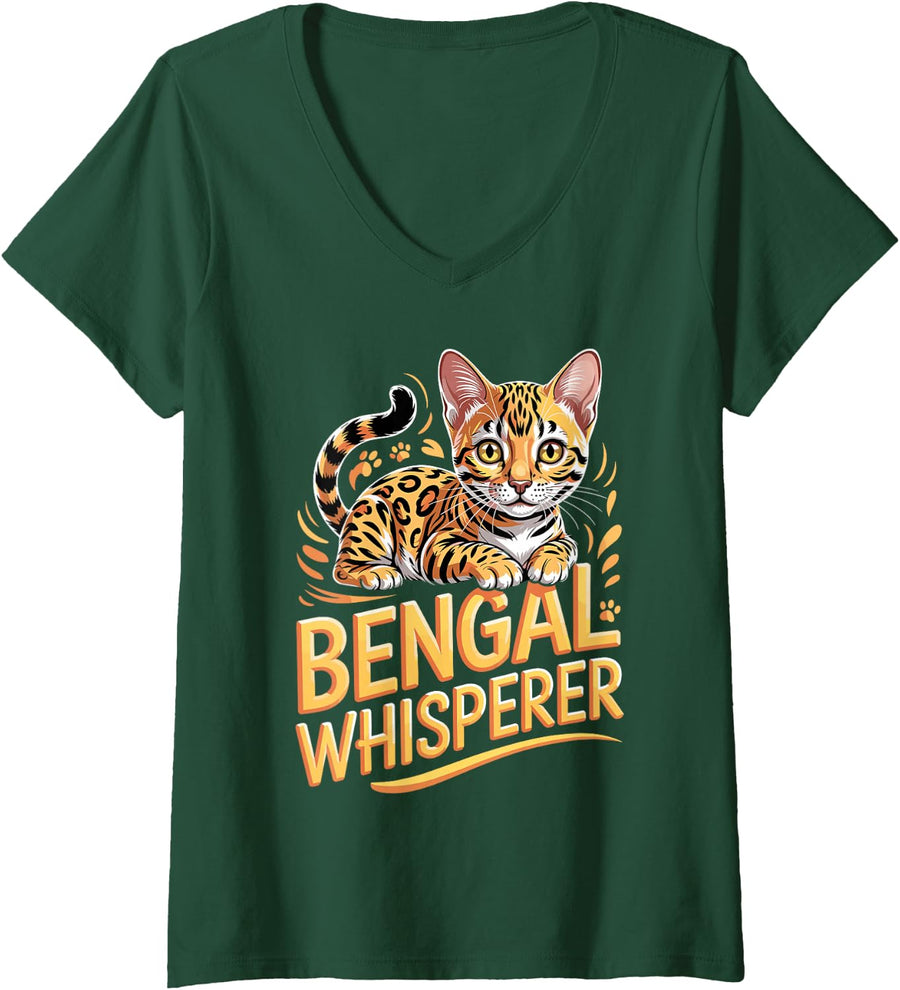Women's Bengal Whisperer Bengal Cat Exotic Cat Lover V-Neck T-Shirt - Dark Green