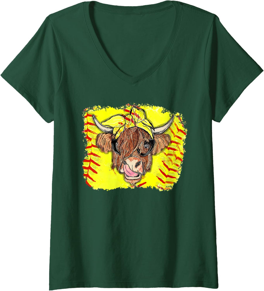 Women's Softball Highland Cow with Bandana Glasses Happy Mother's V-Neck T-Shirt - Dark Green