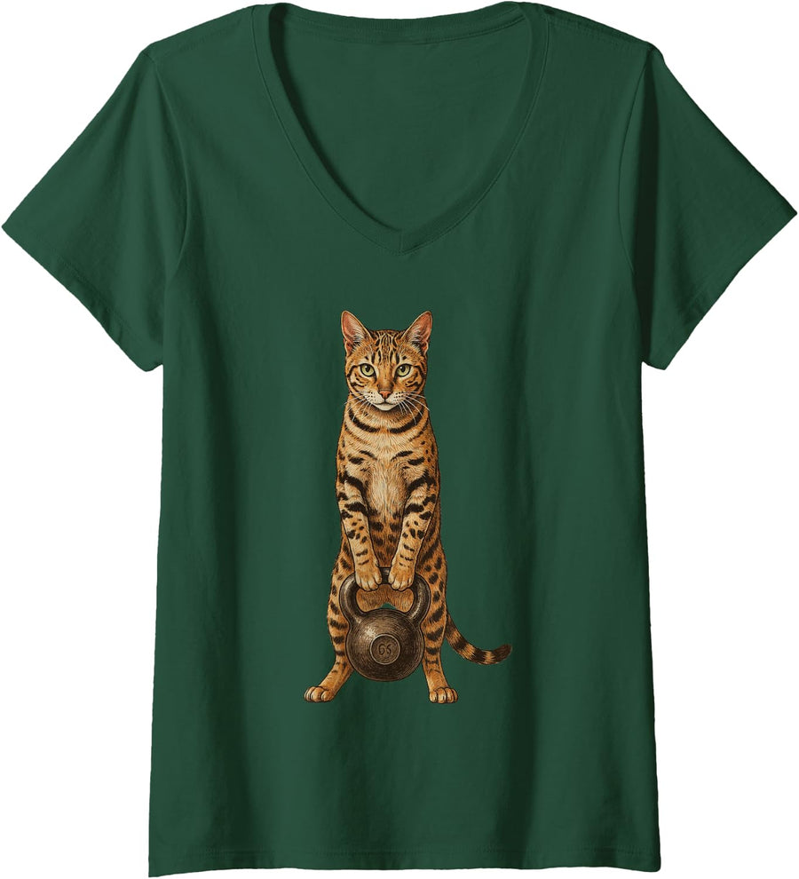 Women's Bengal Cat Kettlebell Workout Funny Gym Fitness Cat V-Neck T-Shirt - Dark Green