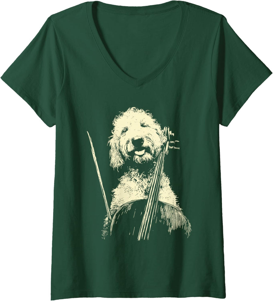Women's Cute Goldendoodle Playing Cello Funny Musician Dog Cellist V-Neck T-Shirt - Dark Green