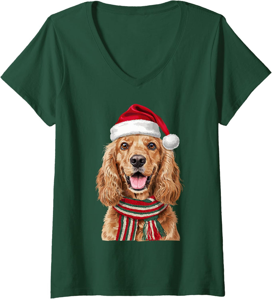Women's Cocker Spaniel Santa Hat Christmas Dog Lover Mom Dad Holiday V-Neck T-Shirt - Dark Green