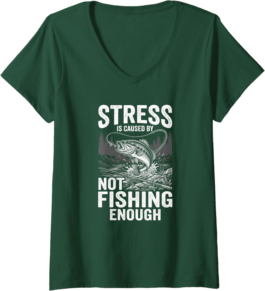 Women's Fishing Stress Relief Largemouth Bass Angler Lake Humor V-Neck T-Shirt - Dark Green