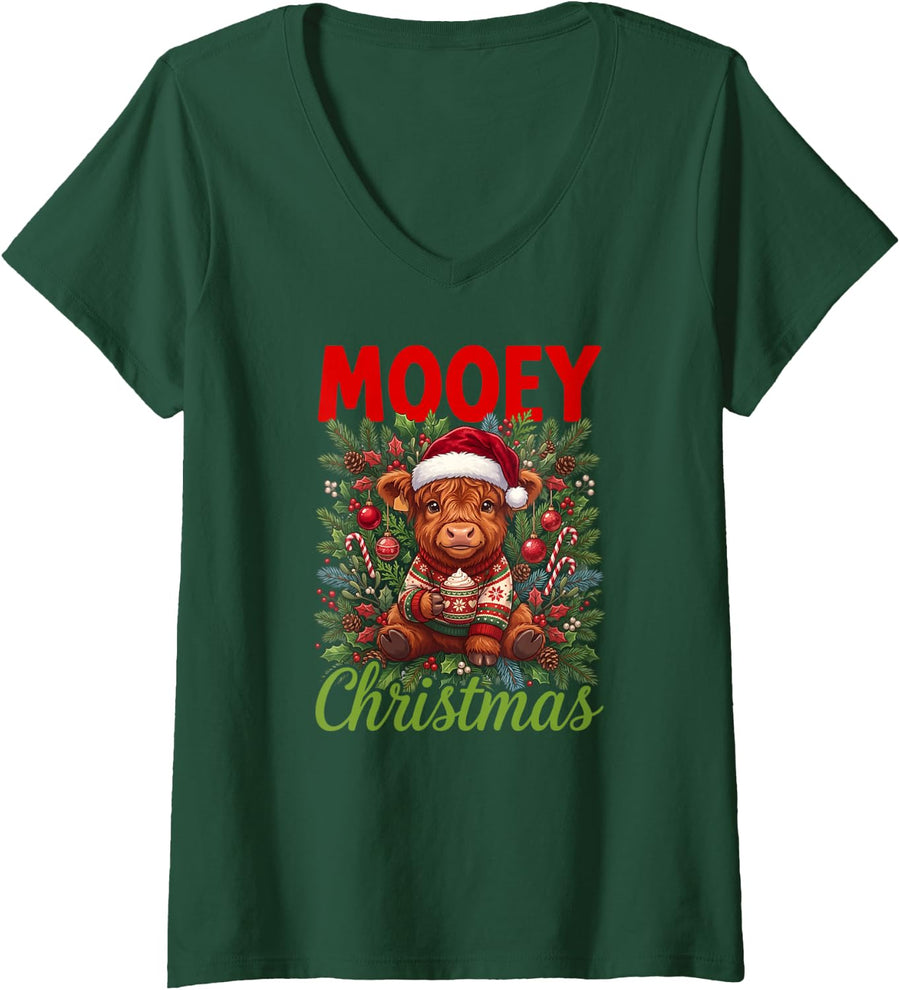 Women's Mooey Christmas Highland Cow Xmas Party Highland Cow V-Neck T-Shirt - Dark Green
