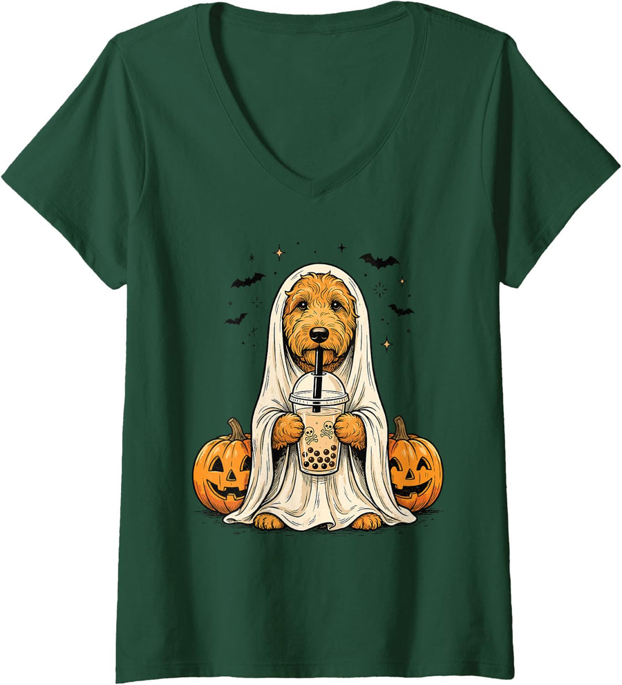 Women's Goldendoodle Ghost and Boba Cute Funny Halloween Dog Humor V-Neck T-Shirt - Dark Green