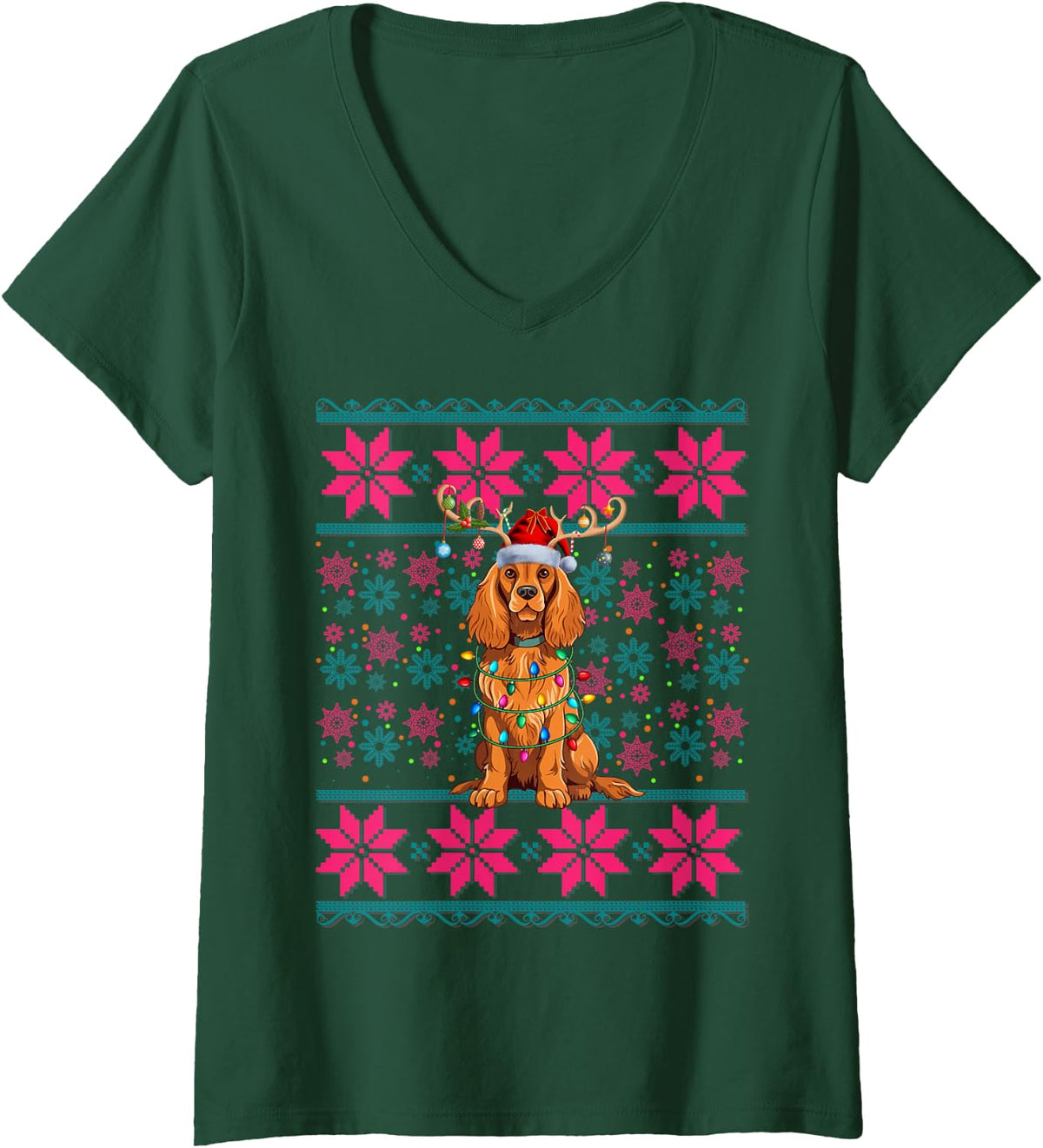 Women's Reindeer Santa Ugly Christmas Lights Cocker Spaniel Dog Xmas V-Neck T-Shirt - Dark Green