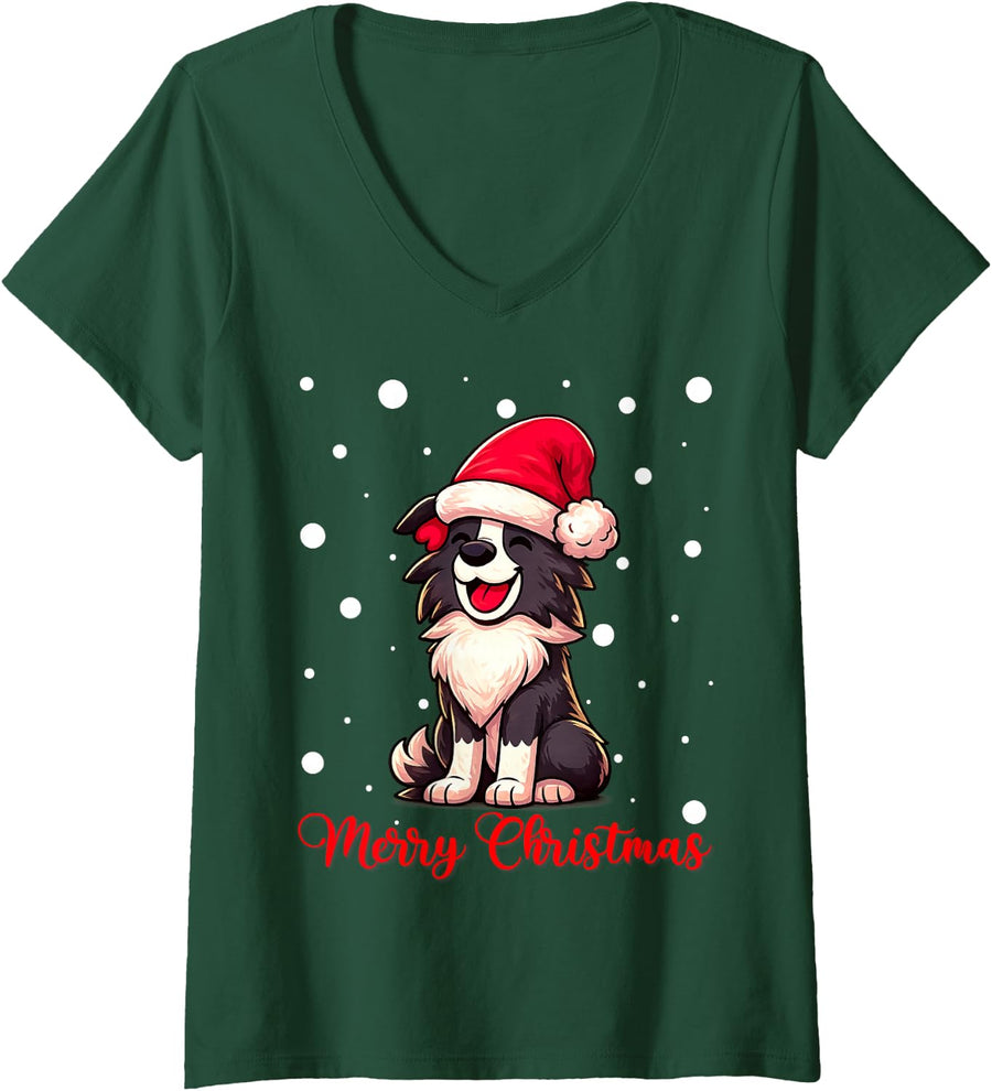 Women's Merry Christmas Cute Border Collie Dog Ugly Xmas Sweaters V-Neck T-Shirt - Dark Green