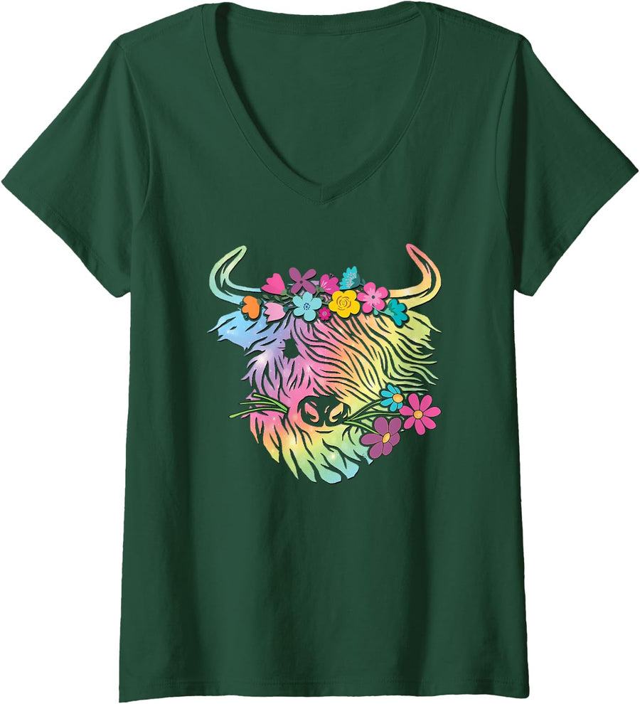 Women's Highland Cow Colorful Floral Boho Rainbow Cow Art V-Neck T-Shirt - Dark Green