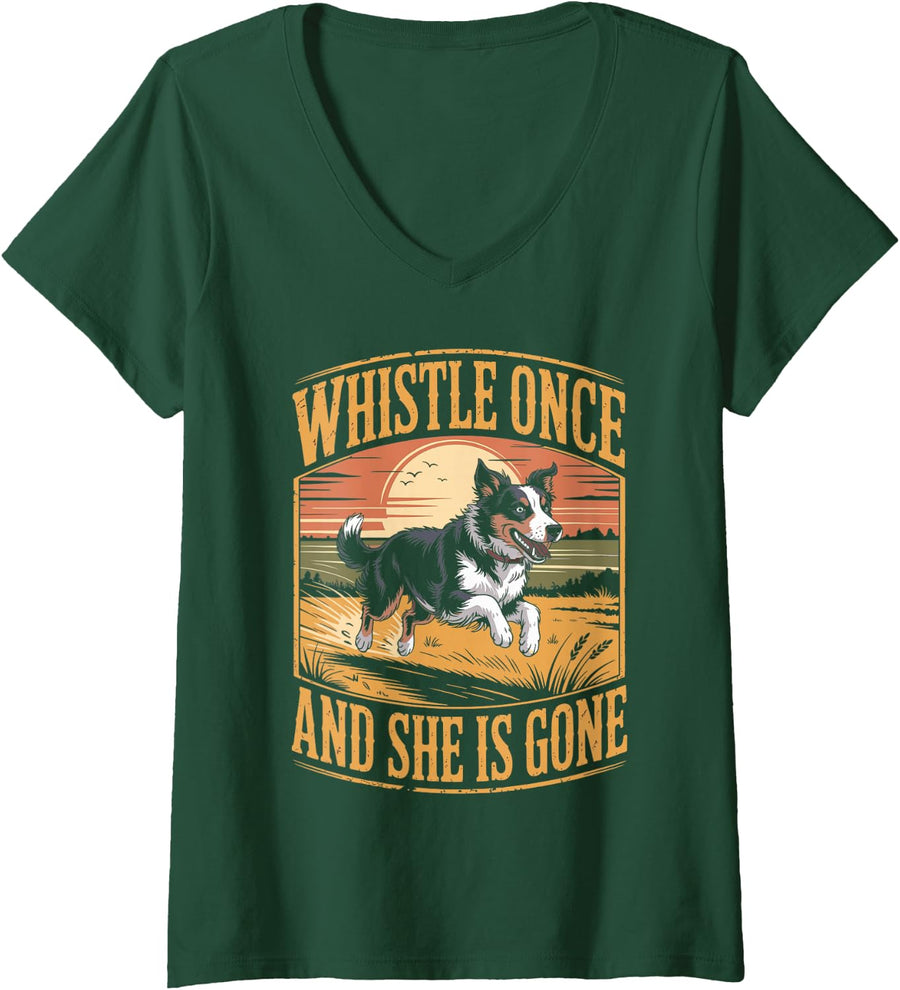 Women's Whistle Once and She is Gone Border Collie V-Neck T-Shirt - Dark Green