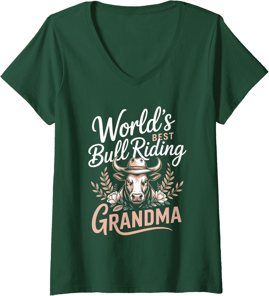 Women's World's Best Bull Riding Grandma V-Neck T-Shirt - Dark Green