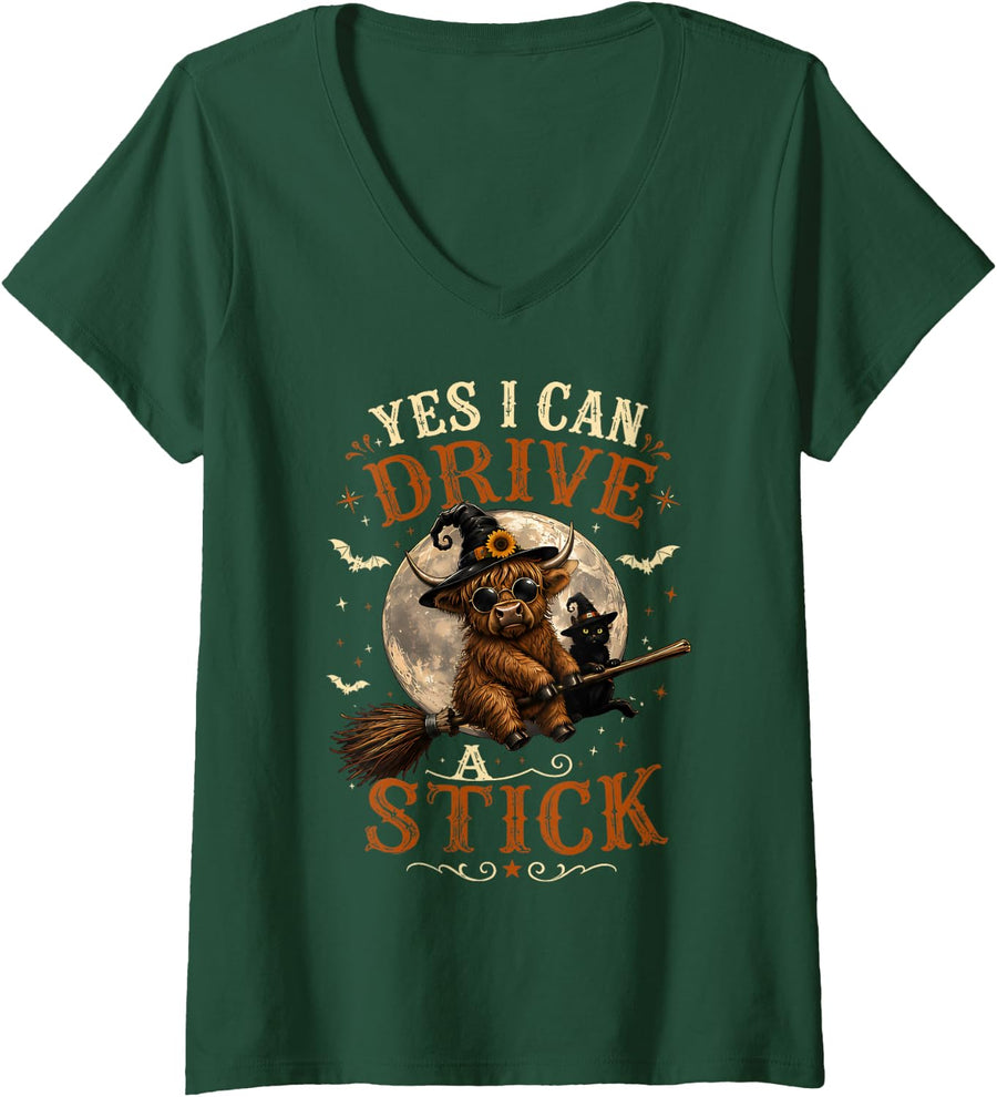 Women's Yes I Can Drive A Stick Witch Highland Cow Spooky Halloween V-Neck T-Shirt - Dark Green