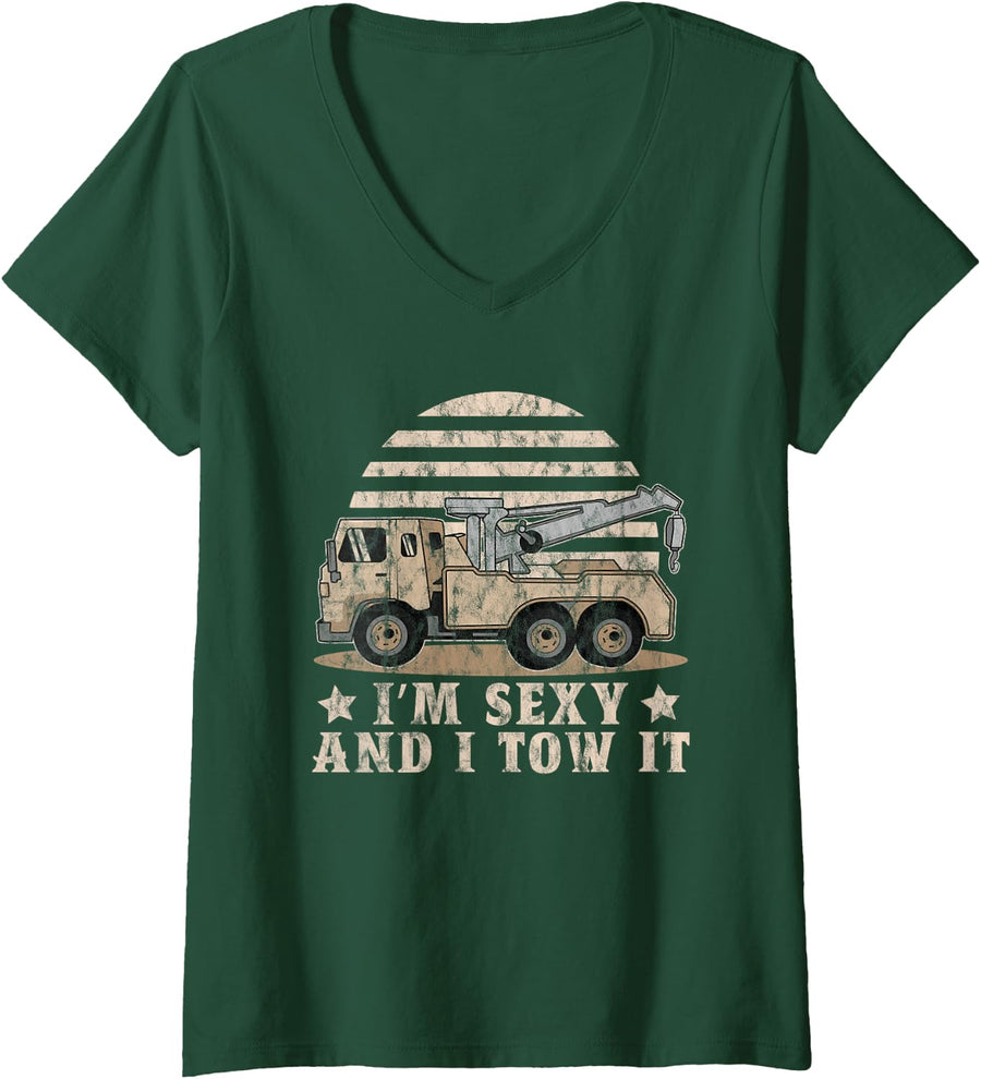 Women's Im Sexy and I Tow It Driver Vintage Hooking Towing Trucks V-Neck T-Shirt - Dark Green
