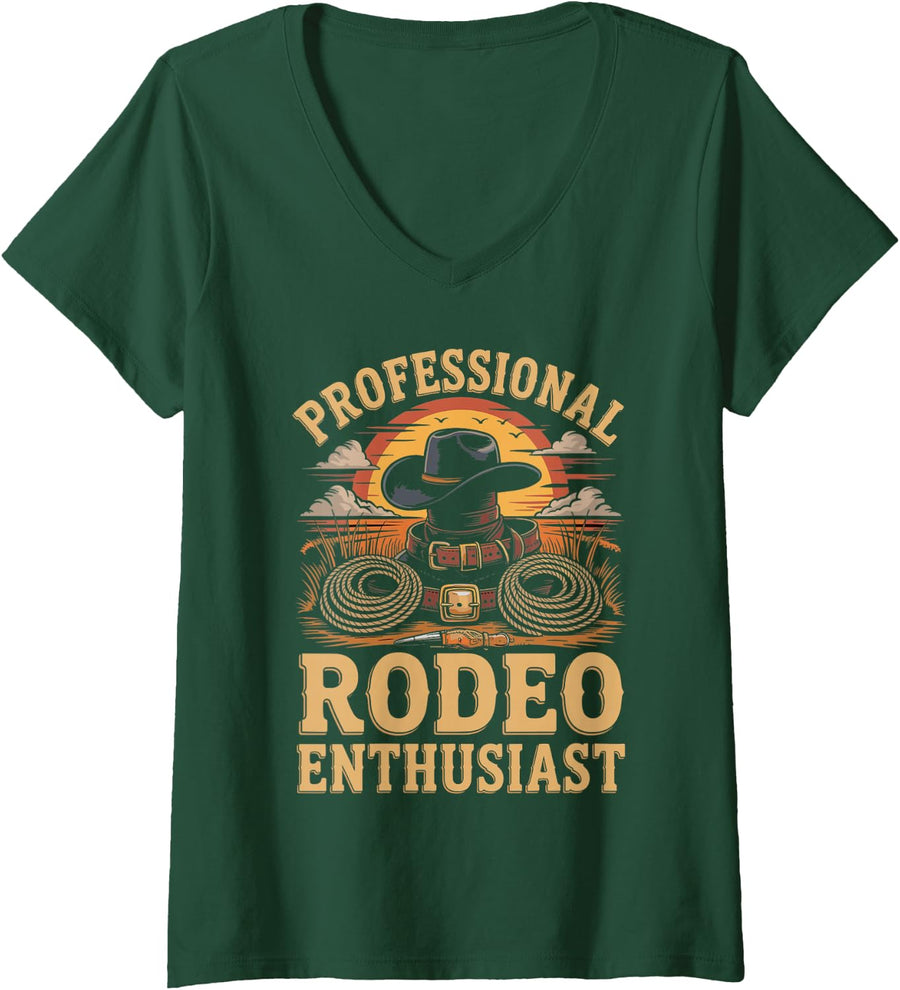 Women's Professional Rodeo Enthusiast Bull Riding V-Neck T-Shirt - Dark Green