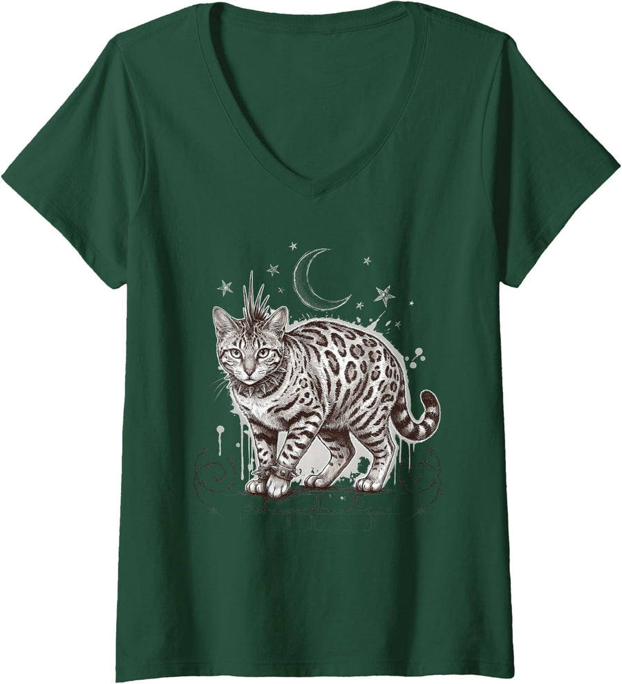 Women's Punk Bengal Cat Mohawk Moon Grunge Rebel Cat Lover V-Neck T-Shirt - Dark Green