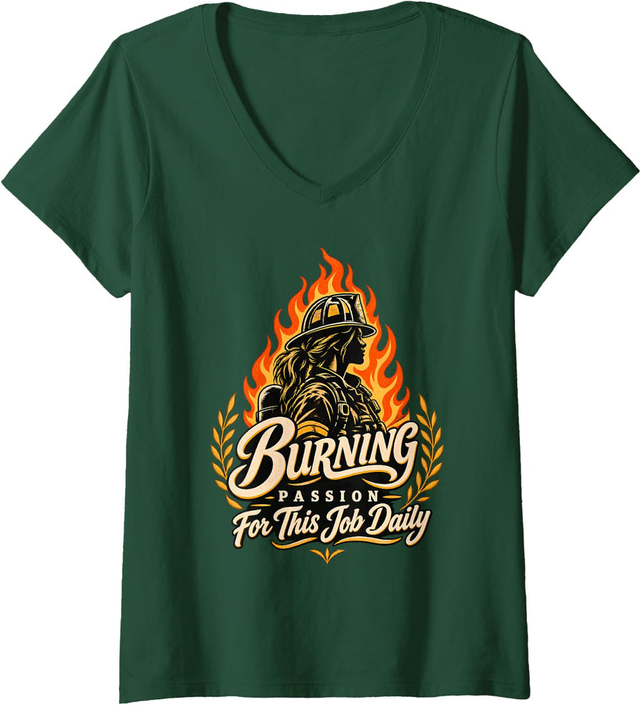 Women's Burning Passion for This Job Daily Female Firefighter V-Neck T-Shirt - Dark Green