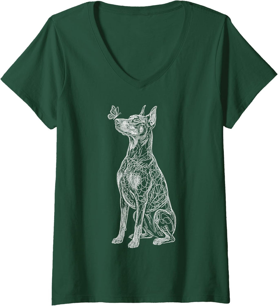 Women's Doberman Butterfly Line Art V-Neck T-Shirt - Dark Green