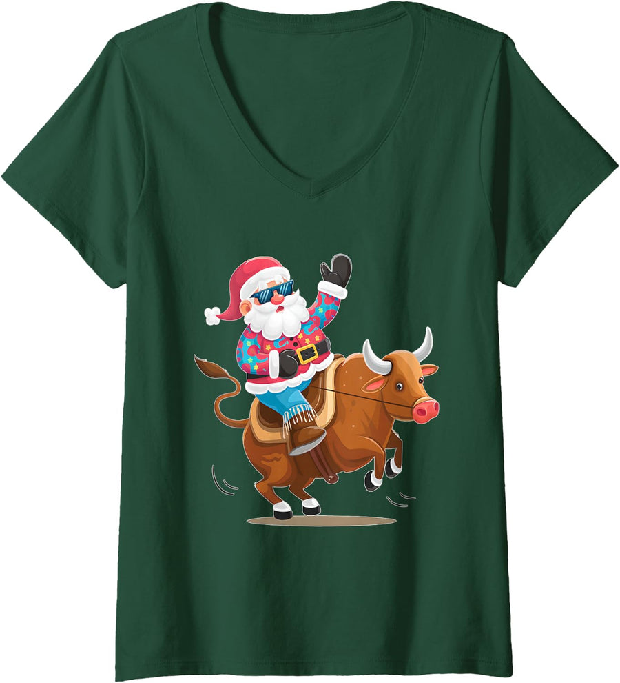 Women's Funny Santa Riding A Bull Christmas Xmas Boy Girl Kids V-Neck T-Shirt - Dark Green