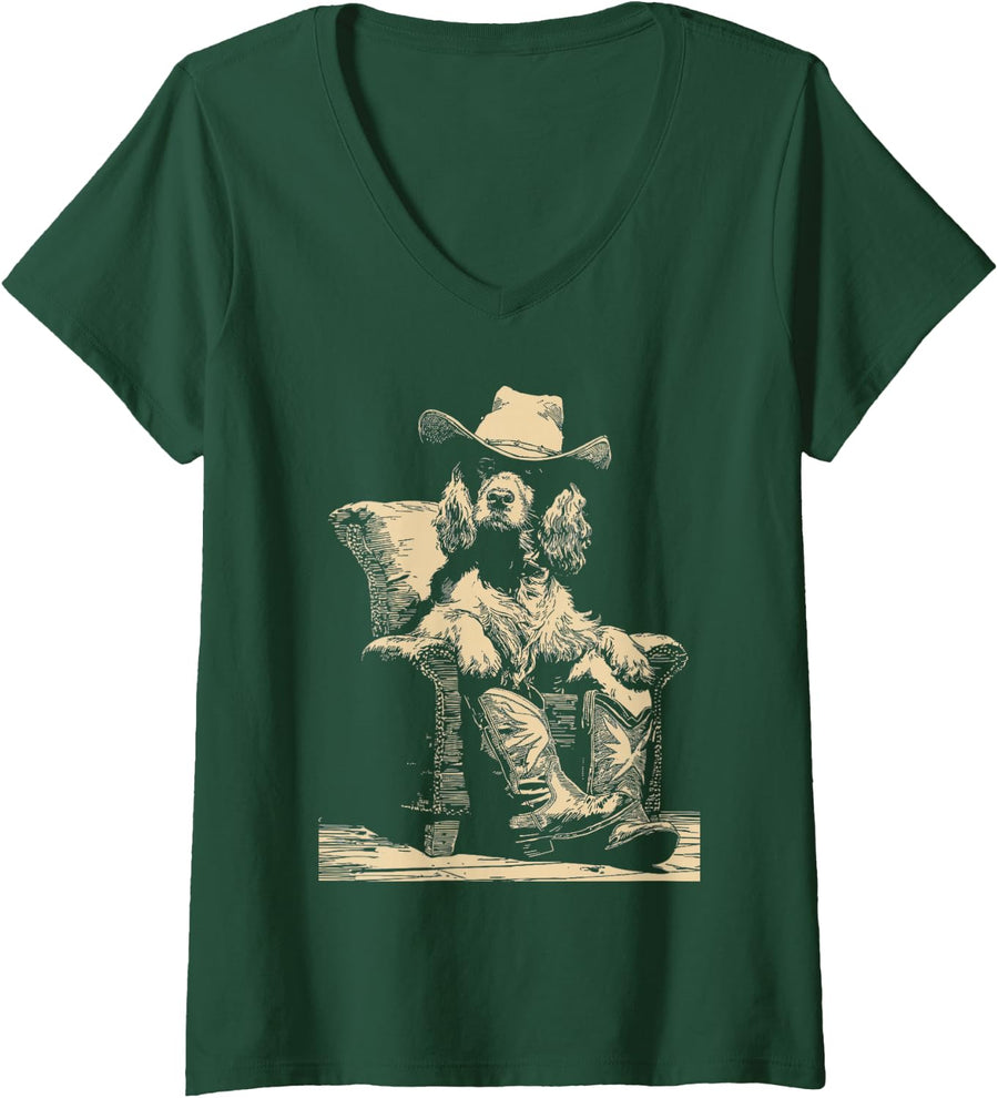 Women's Rancher Cocker Spaniel with Cowboy Hat and Boots Western Dog V-Neck T-Shirt - Dark Green