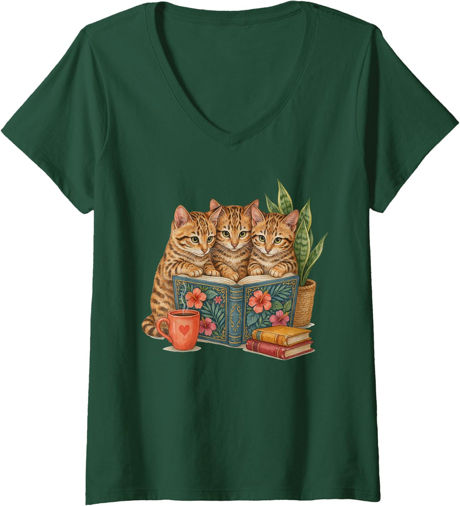 Women's Cats Book Reading Bookworm Bengal cat V-Neck T-Shirt - Dark Green