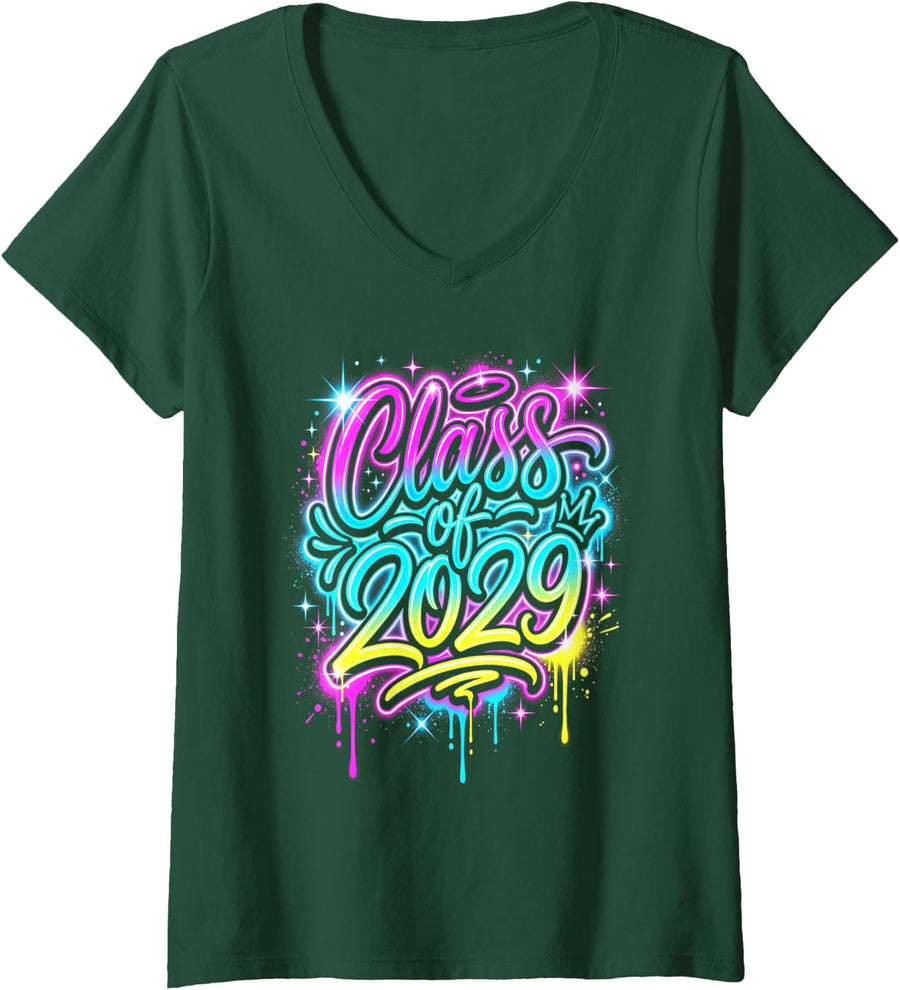 Women's Class of 2029 Airbrush Graffiti Dripping 10th Grade School V-Neck T-Shirt - Dark Green