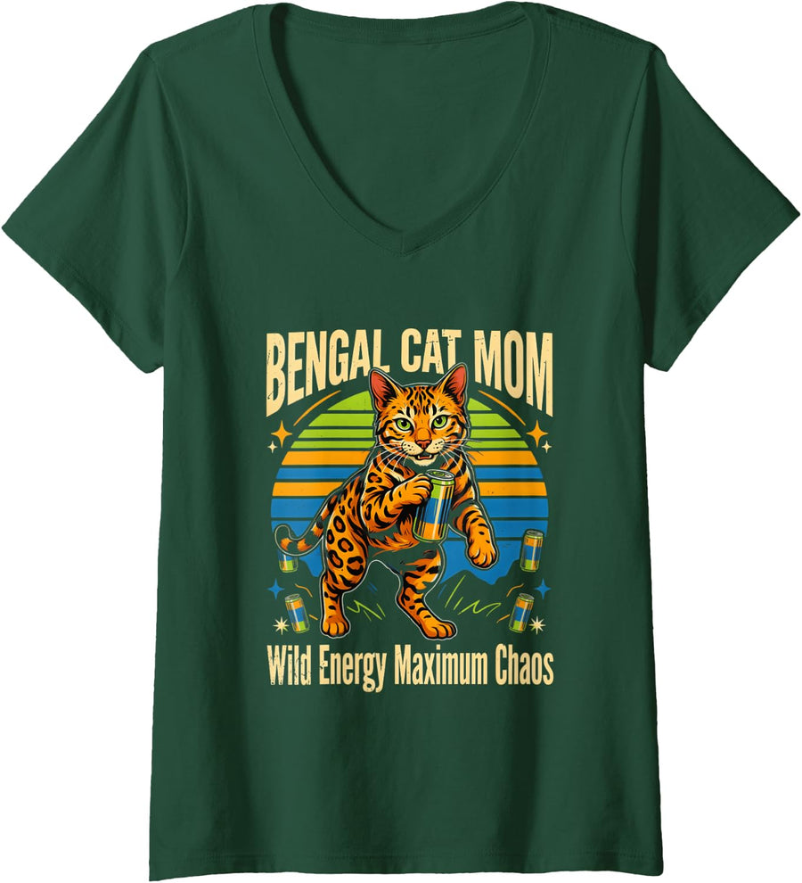 Women's Spotted Cat Bengal Cat Mom Wild Energy Maximum Chaos V-Neck T-Shirt - Dark Green