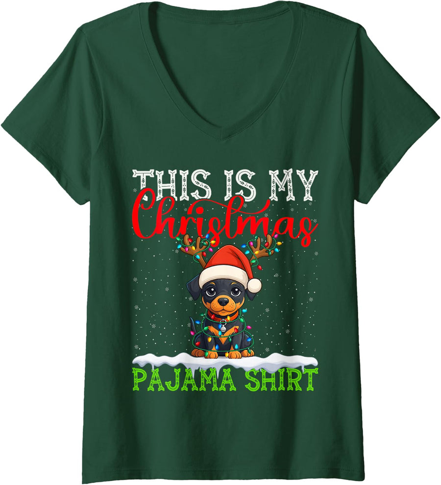 Women's Doberman Pinscher Ugly Christmas Lights Pajama Sweater V-Neck T-Shirt - Dark Green