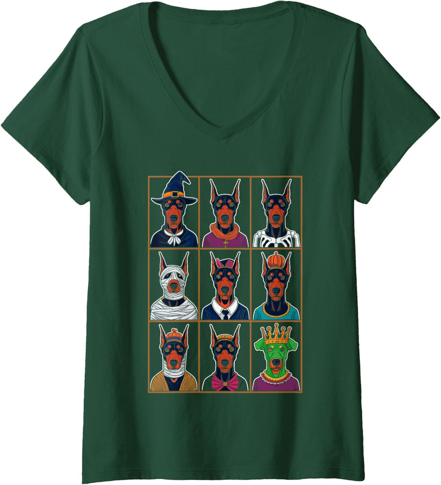 Women's Halloween Doberman Pinscher Costume V-Neck T-Shirt - Dark Green