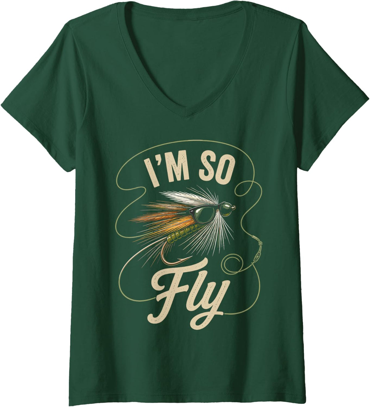 Women's Funny Fly Fishing Men Fly Rod Fishing Trout Fly Casting V-Neck T-Shirt - Dark Green