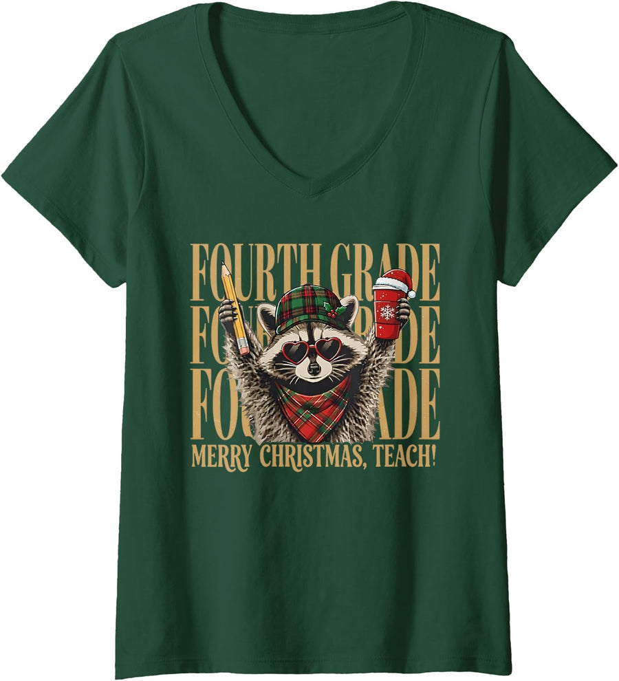Women's Fourth Grade Merry Christmas Teach - Funny Raccoon Teacher V-Neck T-Shirt - Dark Green