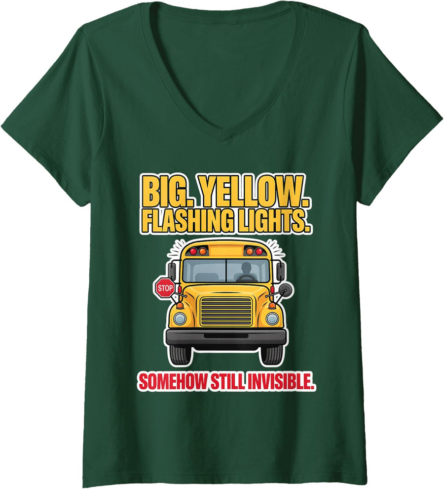 Women's School Bus Driver Big Yellow Invisible V-Neck T-Shirt - Dark Green