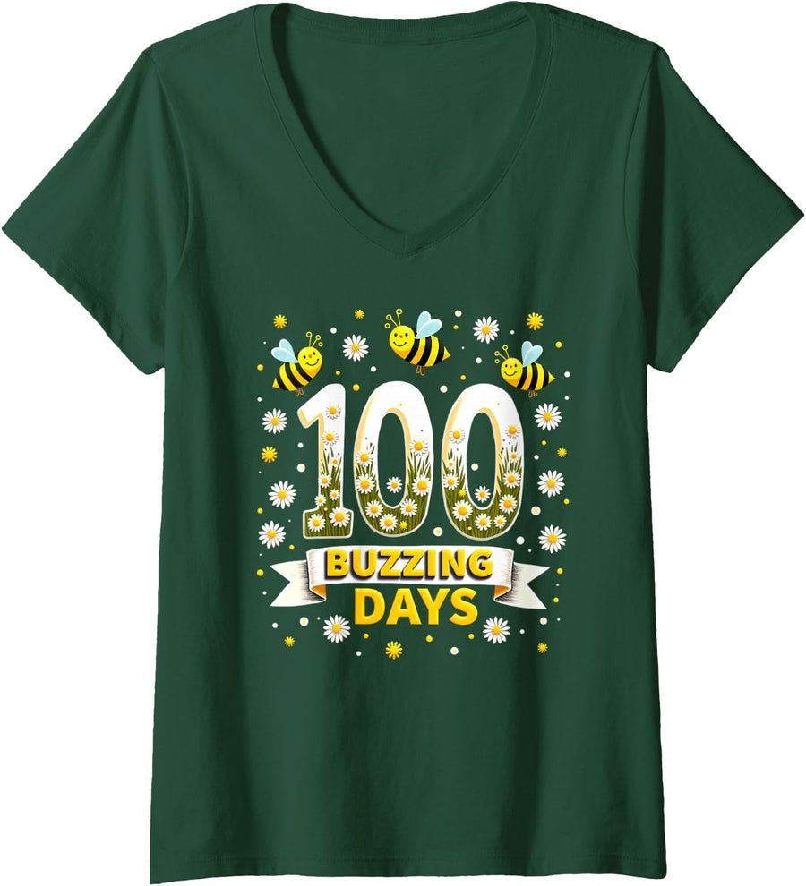 Women's 100 Days of School Bees 100 Buzzing Days V-Neck T-Shirt - Dark Green