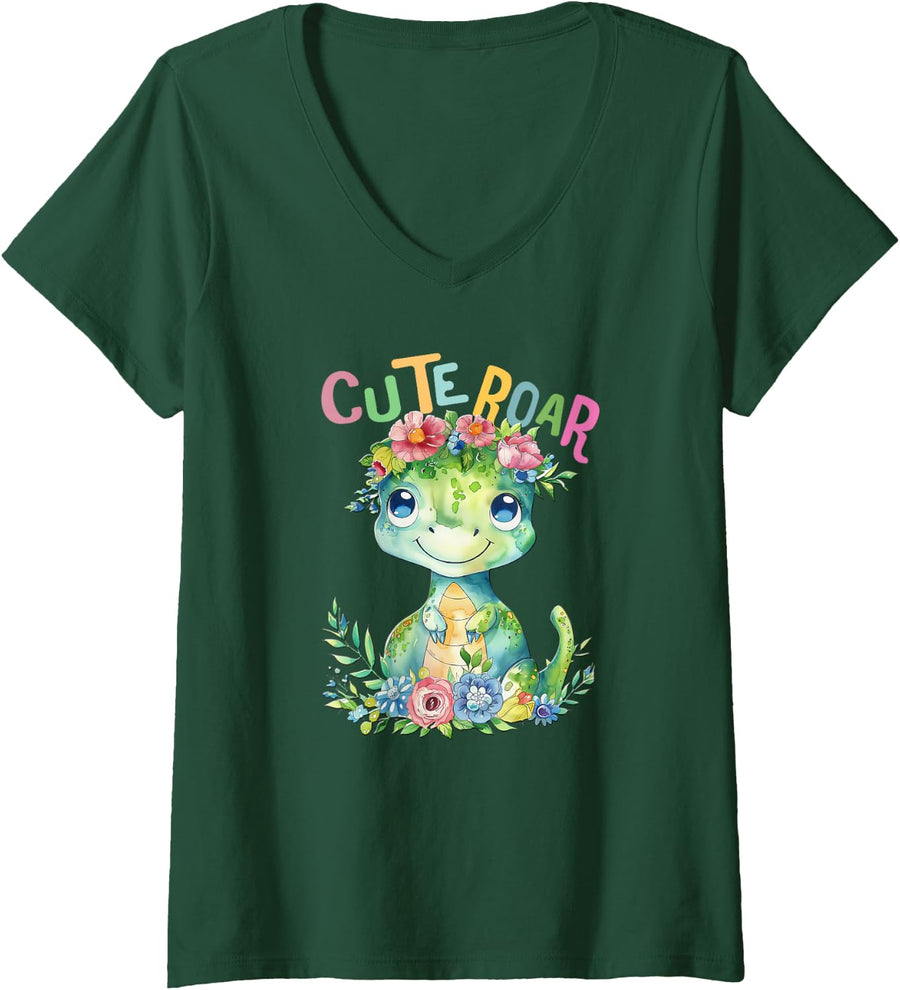 Women's baby dino with flowers cute dinosaurs dinos cute roar V-Neck T-Shirt - Dark Green