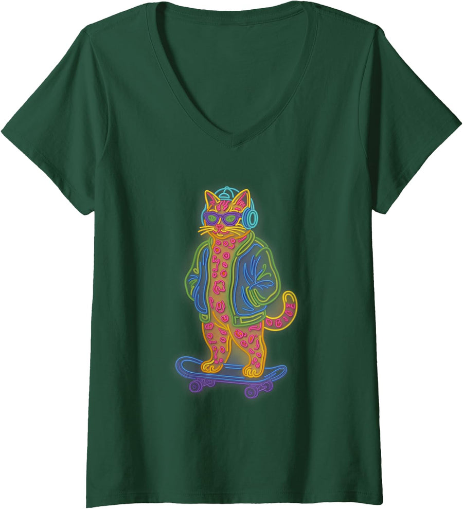 Women's Cool Bengal Cat Skateboarding Headphones Sunglasses Skater V-Neck T-Shirt - Dark Green