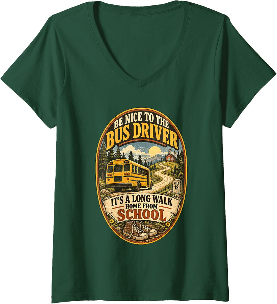 Women's School Bus Driver Vintage V-Neck T-Shirt - Dark Green