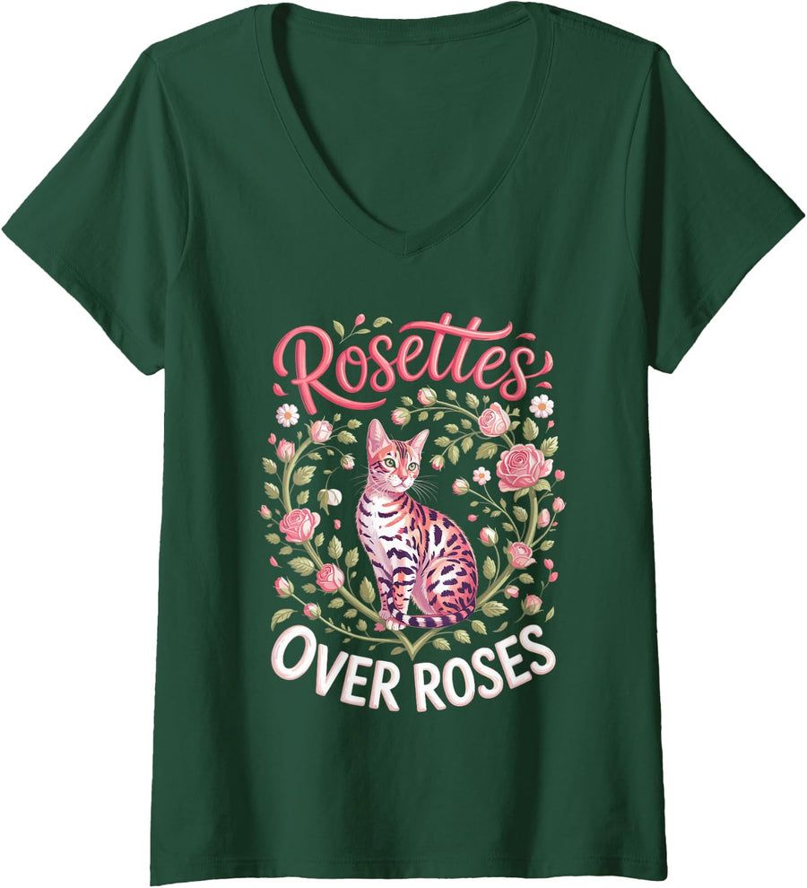 Women's Rosettes Over Roses Bengal Cat V-Neck T-Shirt - Dark Green