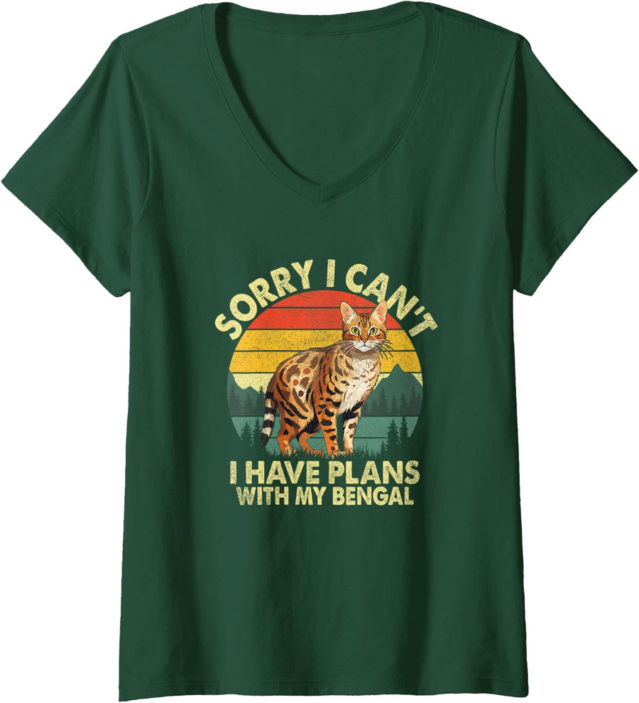 Women's Sorry I Can't Have Plans with My Bengal Funny Bengal Cat V-Neck T-Shirt - Dark Green