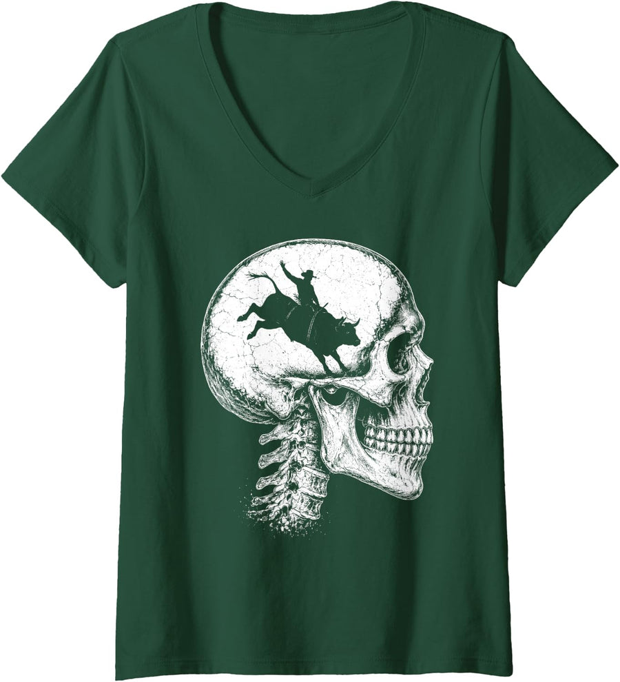 Women's Rodeo Bull Riding Skull Cowboy Rider V-Neck T-Shirt - Dark Green