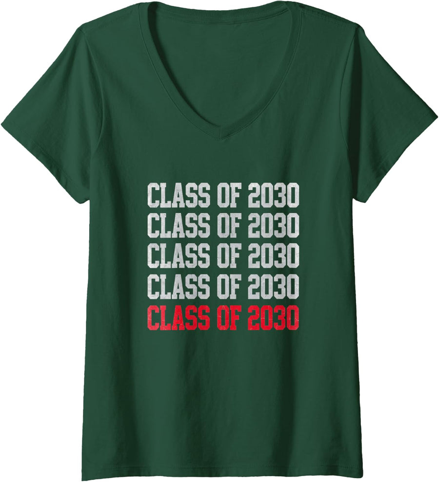 Women's Class of 2030 Stacked Varsity 9th Grade School Freshman V-Neck T-Shirt - Dark Green