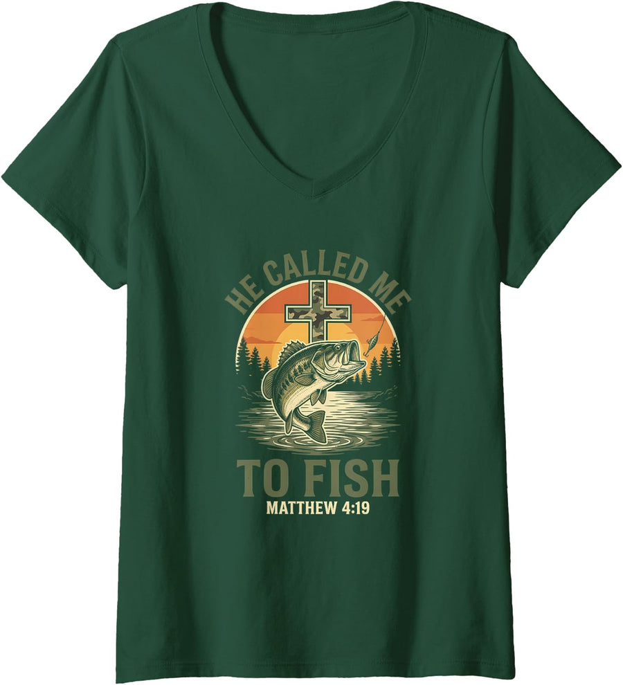 Women's Christian Largemouth Bass Fishing Faith Angler Outdoors V-Neck T-Shirt - Dark Green