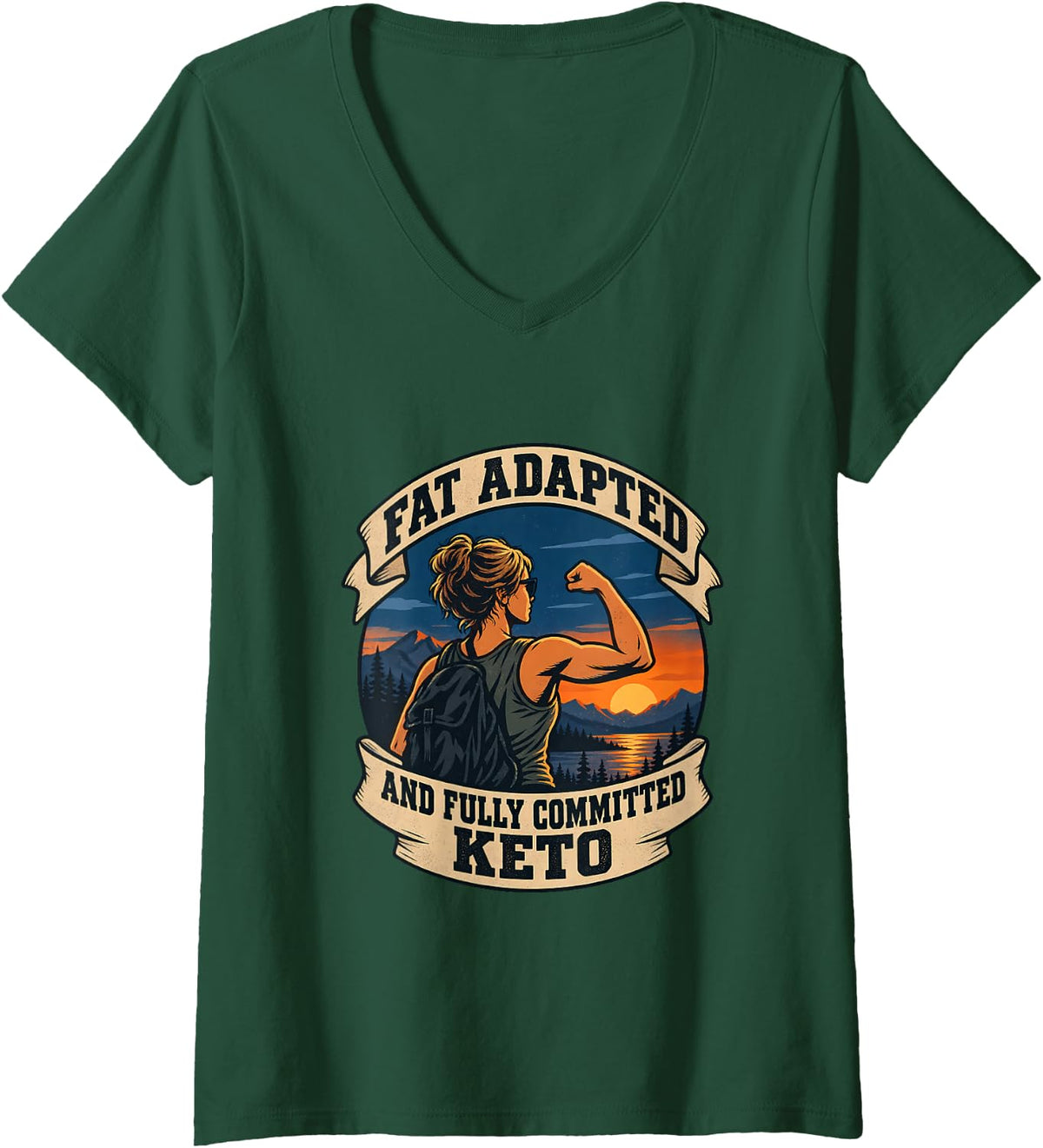 Women's Fat Adapted and Fully Committed Keto Strong V-Neck T-Shirt - Dark Green