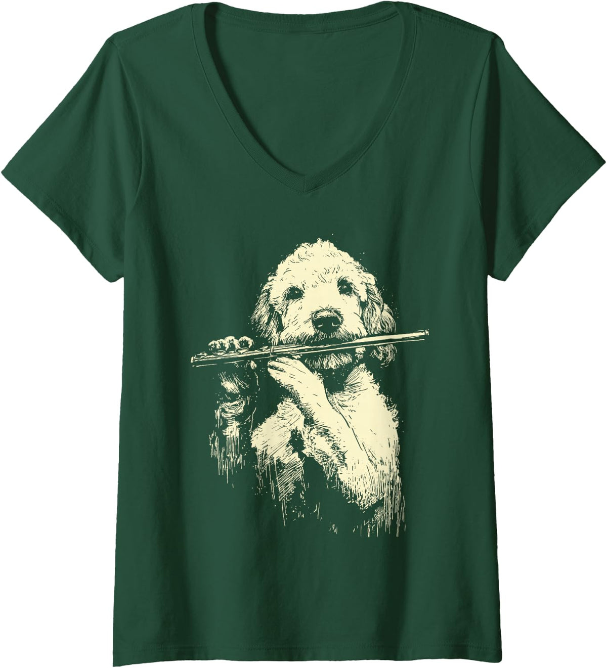 Women's Cute Goldendoodle Playing Flute Funny Musician Dog Flutist V-Neck T-Shirt - Dark Green