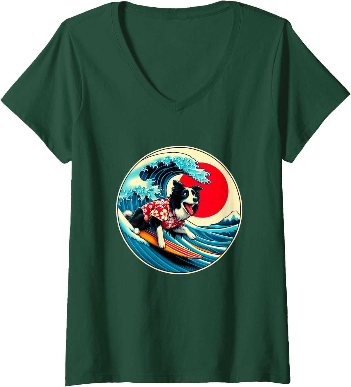 Women's Great Wave Kanagawa Border Collie Dog Surfing V-Neck T-Shirt - Dark Green