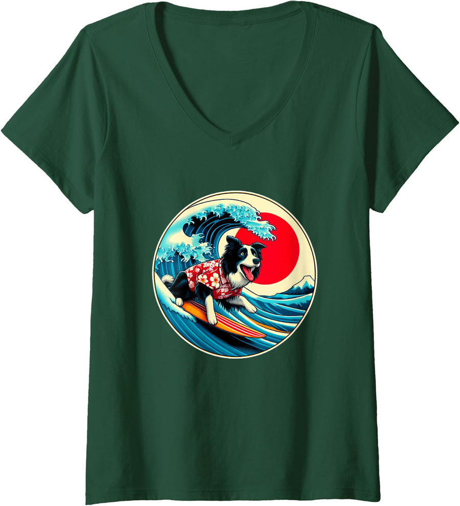 Women's Great Wave Kanagawa Border Collie Dog Surfing V-Neck T-Shirt - Dark Green