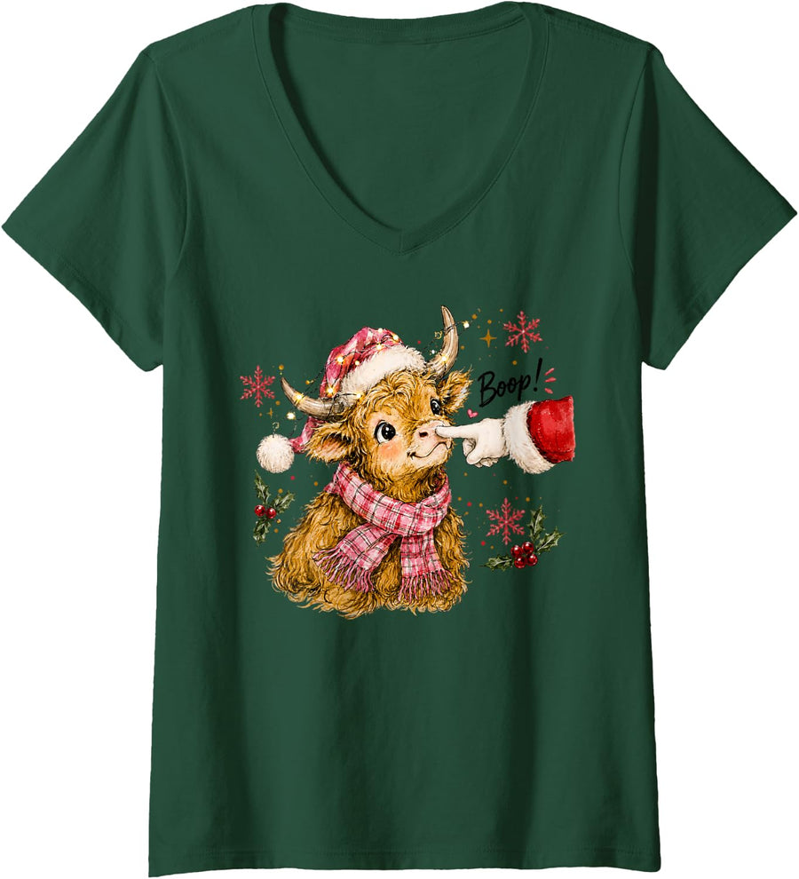 Women's Boop Christmas Highland Cow Santa Hat Cute Cow Lover Girls V-Neck T-Shirt - Dark Green