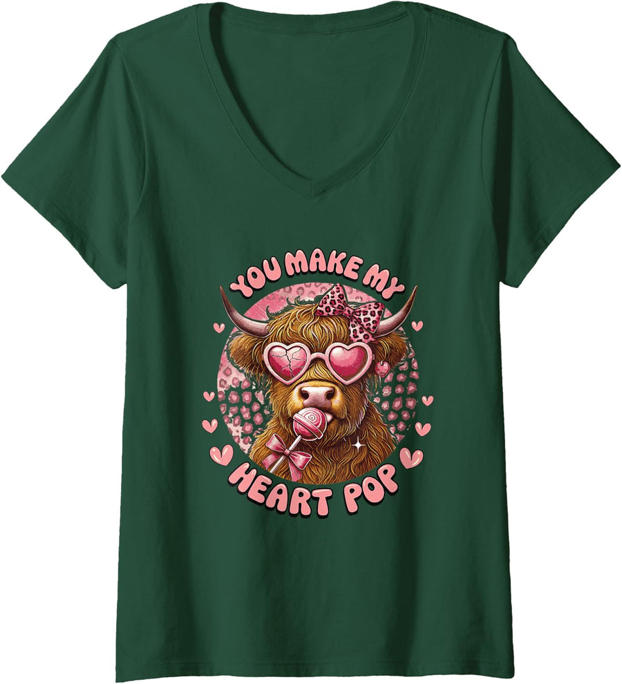 Women's Funny Highland Cow Summer Vacation Design Cute Cow Lover V-Neck T-Shirt - Dark Green