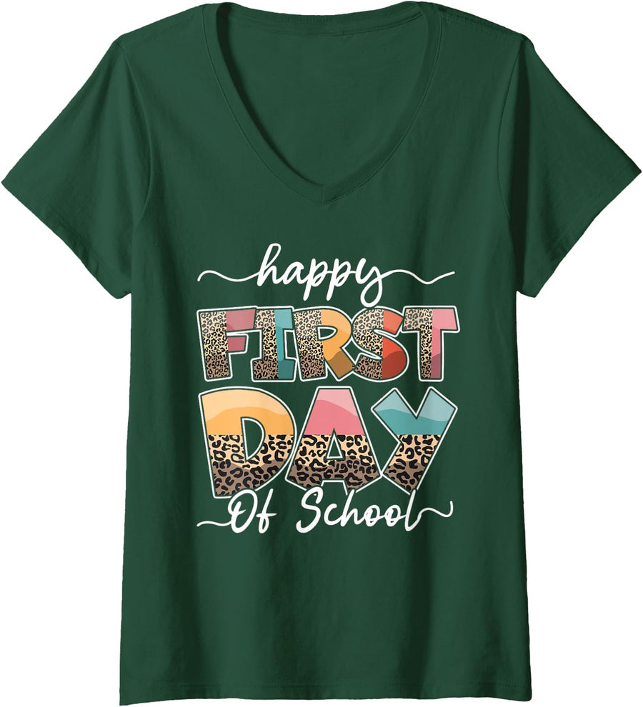 Womens Happy First Day Of School Season Welcome Back School Leopard V-Neck T-Shirt - Dark Green