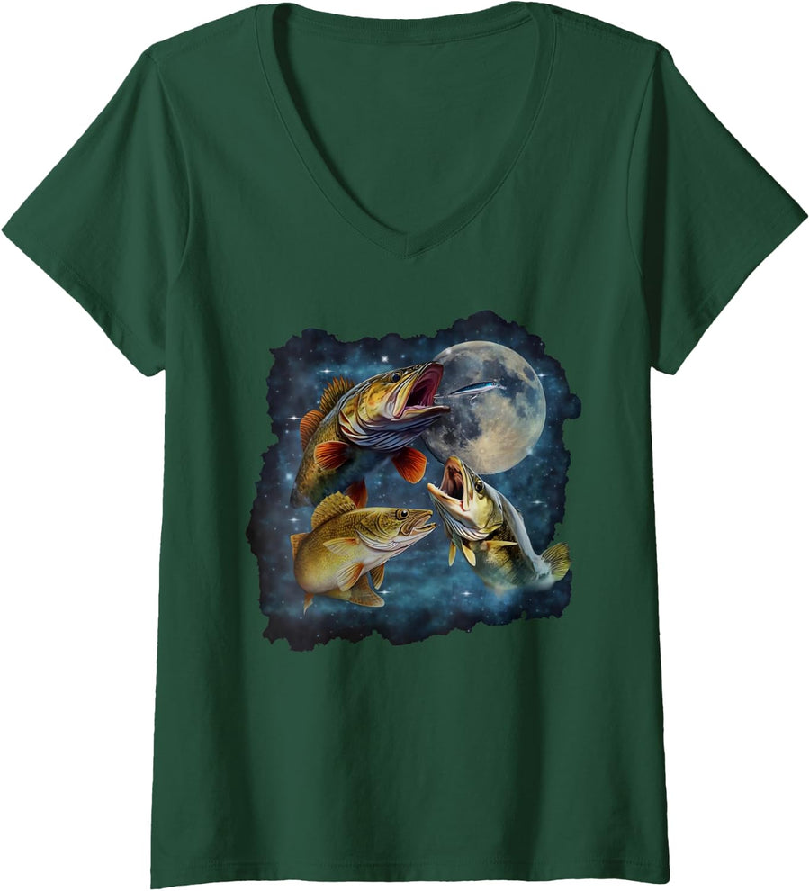 Women's Three Walleye Howling The Moon Vintage 90s Walleye Fishing V-Neck T-Shirt - Dark Green
