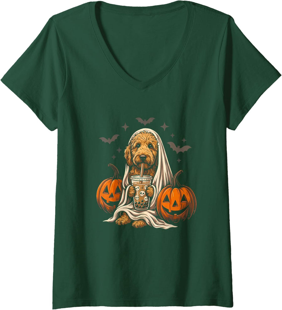 Women's Goldendoodle Ghost Drinking Boba Halloween Pumpkin V-Neck T-Shirt - Dark Green